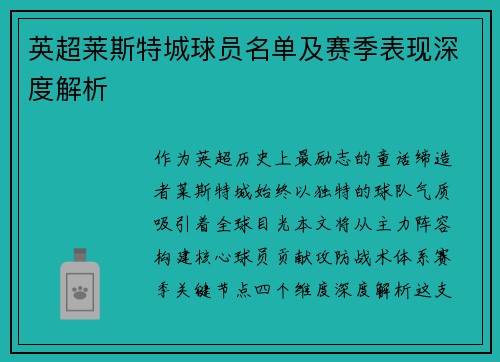 英超莱斯特城球员名单及赛季表现深度解析
